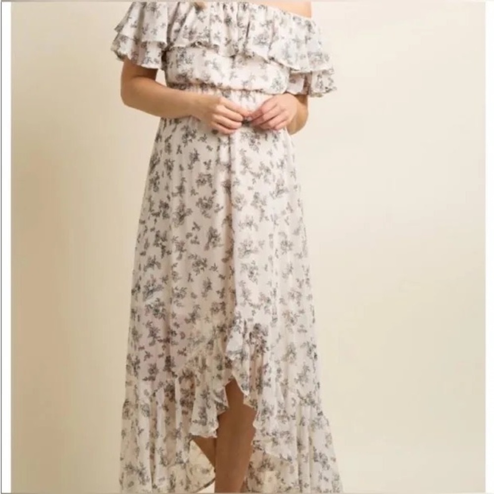 PinkBlush Cream Floral Off the Shoulder Ruffle Slit Maternity Dress
